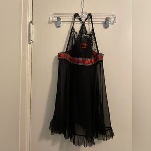 Escante Black Lace Sheer Baby Doll Coquette Buffalo Plaid Sparkles Top Size Med